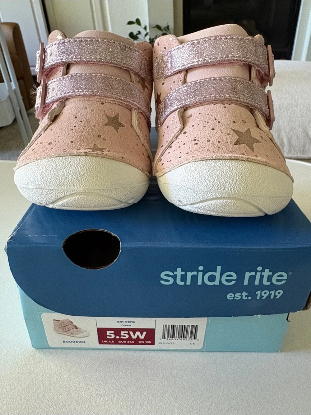 Stride Rite Pink Glitter Star Double-Strap Baby Sneakers